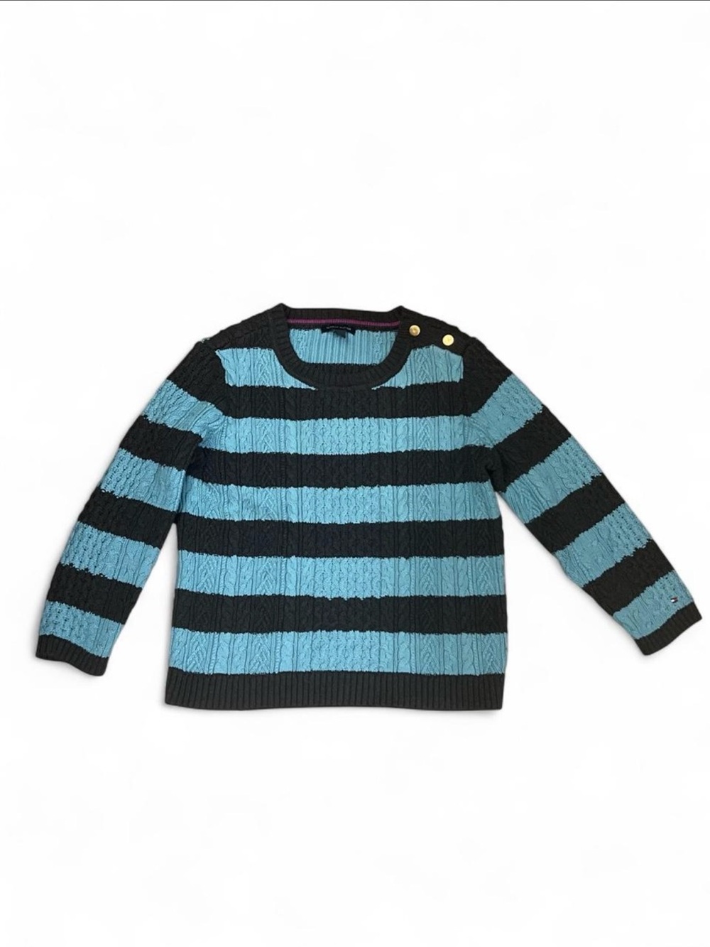 Tommy Hilfiger Striped Cable Knit Crewneck Sweater in Blue and Black Sz M